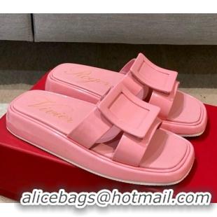 Stylish Roger Vivier Leather Flat Vivier Slide Sandals 032920 Pink