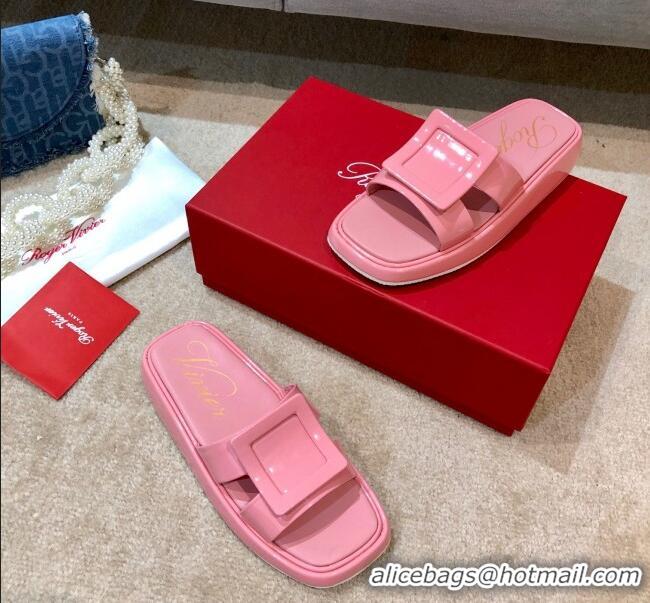 Stylish Roger Vivier Leather Flat Vivier Slide Sandals 032920 Pink