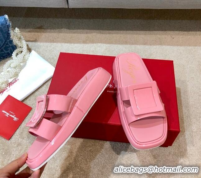 Stylish Roger Vivier Leather Flat Vivier Slide Sandals 032920 Pink