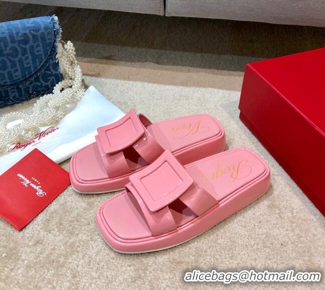 Stylish Roger Vivier Leather Flat Vivier Slide Sandals 032920 Pink