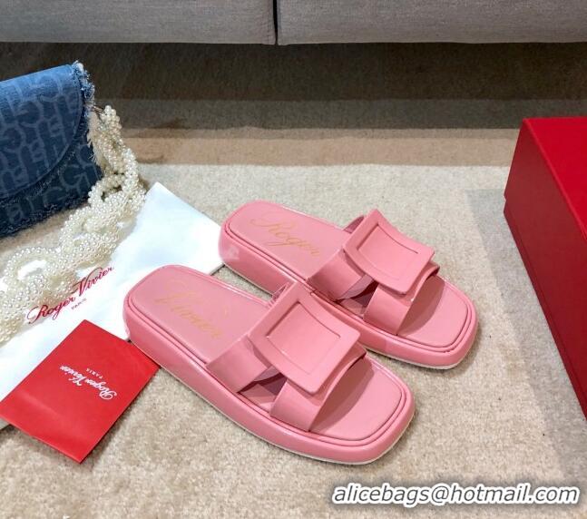 Stylish Roger Vivier Leather Flat Vivier Slide Sandals 032920 Pink