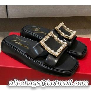 Best Price Roger Vivier Leather Flat Vivier Slide Sandals 032920 Black