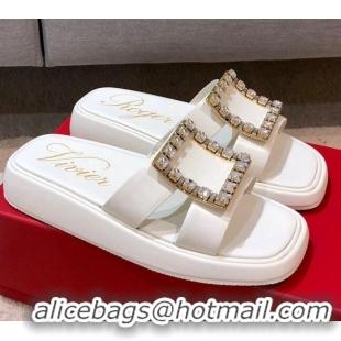 Top Quality Roger Vivier Leather Flat Vivier Slide Sandals 032920 White