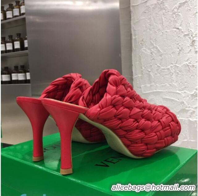 Super Quality Bottega Veneta Bold Woven Lambskin Platform Mules 100mm Heel 080659 Red