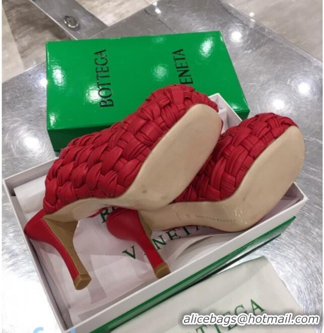 Super Quality Bottega Veneta Bold Woven Lambskin Platform Mules 100mm Heel 080659 Red