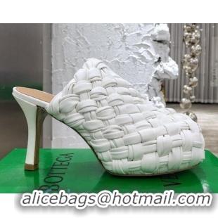 Good Looking Bottega Veneta Bold Woven Lambskin Platform Mules 100mm Heel 080659 White