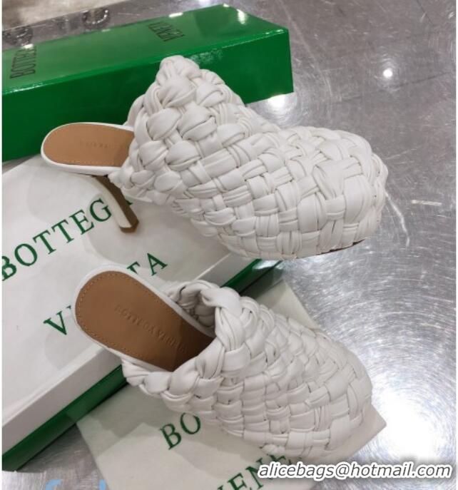 Good Looking Bottega Veneta Bold Woven Lambskin Platform Mules 100mm Heel 080659 White