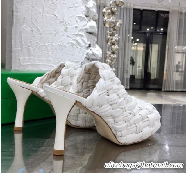 Good Looking Bottega Veneta Bold Woven Lambskin Platform Mules 100mm Heel 080659 White