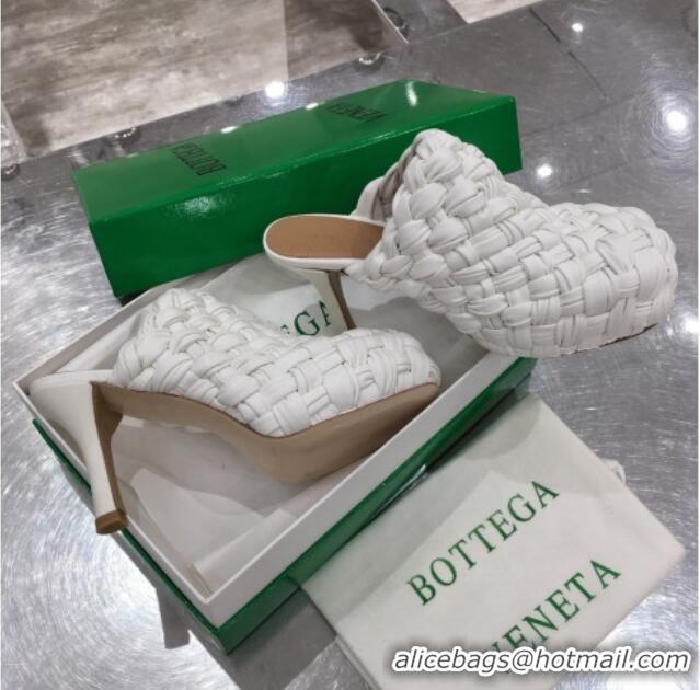 Good Looking Bottega Veneta Bold Woven Lambskin Platform Mules 100mm Heel 080659 White