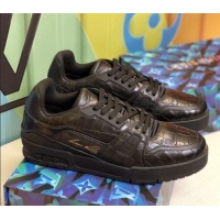 Good Product Louis Vuitton Men's LV Trainer Sneakers in Black Stone Embossed Leather 1A812O