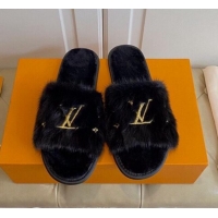 Popular Style Louis Vuitton LV Embroidered Mink Fur Homey Mules 111246 Black