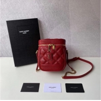 Unique Style SAINT LAURENT 80S VANITY BAG IN CARRE-QUILTED GRAIN DE POUDRE EMBOSSED LEATHER 649779 red