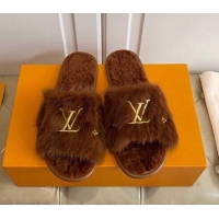 Cute Louis Vuitton LV Embroidered Mink Fur Homey Mules 111246 Brown