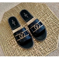 Unique Style Louis Vuitton Monogram Canvas Espadrille Slide Sandals with Rectangle LV Buckle Black 011104