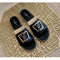 Luxury Cheap Louis Vuitton Monogram Canvas Espadrille Slide Sandals with Square LV Buckle 011113 Black