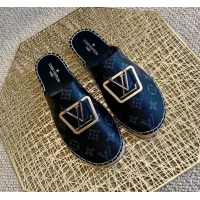 Classic Hot Louis Vuitton Monogram Canvas Espadrille Flat Mules with Square LV Buckle Black  011118