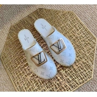 Top Quality Louis Vuitton Monogram Canvas Espadrille Flat Mules with Square LV Buckle White 011119