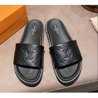 Best Quality Louis Vuitton Monogram Supple Leather Flat Slide Sandals 011172 Black 2021