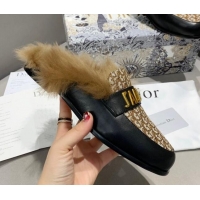 Classic Hot Dior J'Adior Flat Fur Mules in Brown Oblique Embroidery 111166