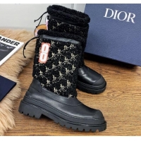 Best Luxury Dior Mid-High Tied Boots in Calfskin and Oblique Embroidery Shearling Wool Black 111401