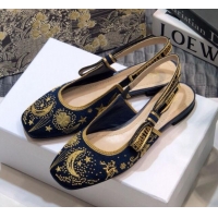 Best Design Dior J'Adior Slingback Flat Ballerinas in Navy Blue Star Embroidered Cotton 122246