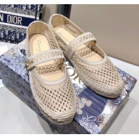 Super Quality Dior Caro Mary Jane Espadrille Ballerina Flat in White Mesh Embroidery 122358