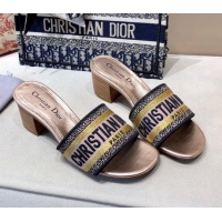 Luxury Dior Dway Embroidered Cotton Heel Slide Sandals 5cm Bronze Gold 010849