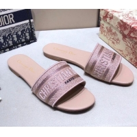 Top Quality Dior Dway Embroidered Cotton Flat Slide Sandals Nude-30 010854