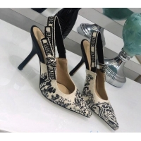 Good Product Dior J'Adior Slingback Pump Black and Ecru Embroidered Cotton 9.5cm Heel 126990