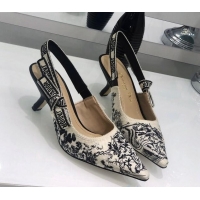 Best Luxury Dior J'Adior Slingback Pump in Black and Ecru Embroidered Cotton 6.5cm Heel 126990