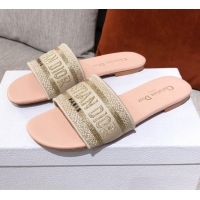 New Design Dior Dway Embroidered Cotton Flat Slide Sandals Pink/Beige 031156