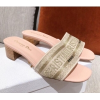 Cute Dior Dway Embroidered Cotton Heel Slide Sandals 5cm Pink/Beige 031157