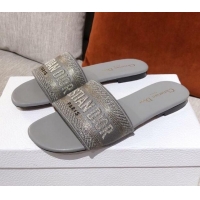 Trendy Design Dior Dway Embroidered Cotton Flat Slide Sandals Grey 031158