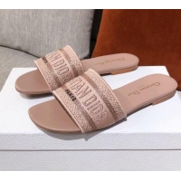 New Style Dior Dway Embroidered Cotton Flat Slide Sandals Light Pink 031160