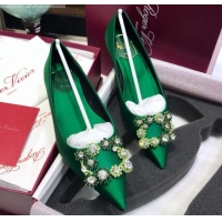 Cute Roger Vivier Flower Strass Buckle Ballerinas in Silk Satin Green 052607