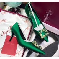 Low Cost Roger Vivier Silk Flower Strass Pumps With 7cm Heel Green 052611