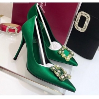 New Style Roger Vivier Silk Flower Strass Pumps With 10cm Heel Green 052612