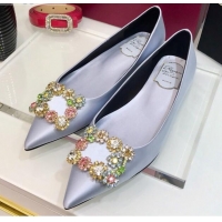 Custom Roger Vivier Flower Strass Buckle Ballerinas in Silk Satin Grey-Blue 052613