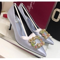 Low Price Roger Vivier Silk Flower Strass Pumps With 7cm Heel Grey-Blue 052614