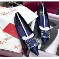 New Design Roger Vivier Flower Strass Buckle Ballerinas in Silk Satin Blue 052619