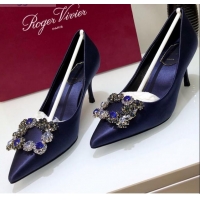 Elegant Roger Vivier Silk Flower Strass Pumps With 7cm Heel Blue 052620