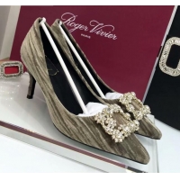 Best Luxury Roger Vivier Strips Velvet Flower Strass Pumps With 7cm Heel Grey 052632