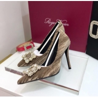 Good Quality Roger Vivier Velvet Flower Strass Pumps With 10cm Heel Grey 052632