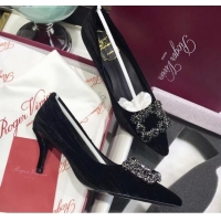 Super Quality Roger Vivier Strips Velvet Flower Strass Pumps With 7cm Heel Black 052638