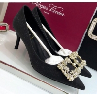 Best Price Roger Vivier Glitter Fabric Flower Strass Pumps With 7cm Heel Black 052644