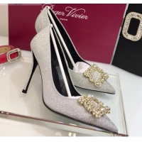 Custom Roger Vivier Glitter Fabric Flower Strass Pumps With 10cm Heel Silver 052648