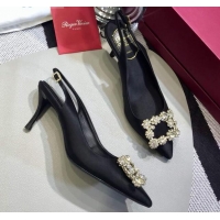 Good Quality Roger Vivier Silk Flower Strass Buckle Sling Back Pump With 7cm Heel Black 052650