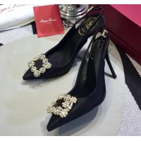 Sumptuous Roger Vivier Silk Flower Strass Buckle Sling Back Pump With 10cm Heel Black 052652