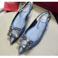 Top Design Roger Vivier Flower Strass Buckle Sling Back Ballerinas in Silk Satin Light Blue 052652