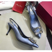 Top Grade Roger Vivier Silk Flower Strass Buckle Sling Back Pump With 7cm Heel Light Blue 052652